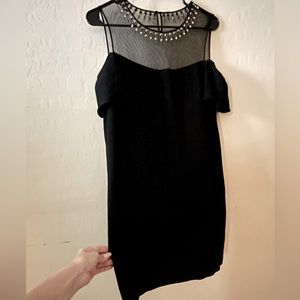 BCBG MAXAZARIA BLK MESH GEMSTONE OFF THE SHOULDER DRESS.